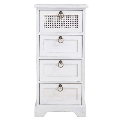 Chiffonnier IRMA petite commode avec 4 tiroirs, en bois de paulownia blanc style shabby chic vintage bohême avec déco en rotin