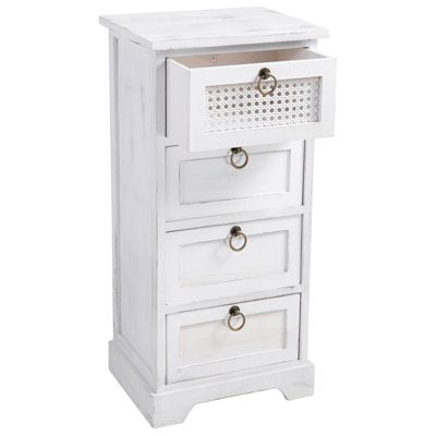 Chiffonnier IRMA petite commode avec 4 tiroirs, en bois de paulownia blanc style shabby chic vintage bohême avec déco en rotin