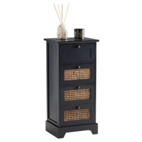 Chiffonnier JASMIN petite commode avec 4 tiroirs, style vintage bohême, en bois de paulownia lasuré noir et rotin