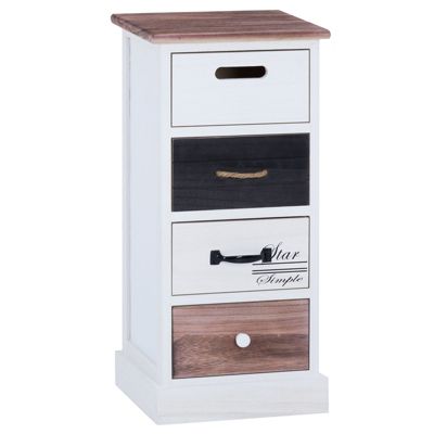 Chiffonnier LAGUNA étagère de rangement avec 4 tiroirs en bois de paulownia style shabby chic vintage rustique blanc brun noir