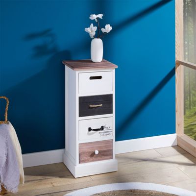 Chiffonnier LAGUNA étagère de rangement avec 4 tiroirs en bois de paulownia style shabby chic vintage rustique blanc brun noir