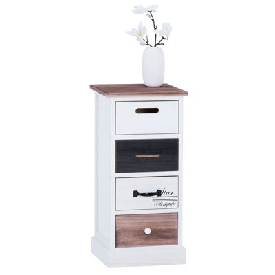 Chiffonnier LAGUNA étagère de rangement avec 4 tiroirs en bois de paulownia style shabby chic vintage rustique blanc brun noir