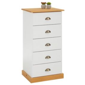 Chiffonnier PARIS L 48 cm en pin massif blanc et brun 5 tiroirs commode petit meuble de rangement haut pour chambre