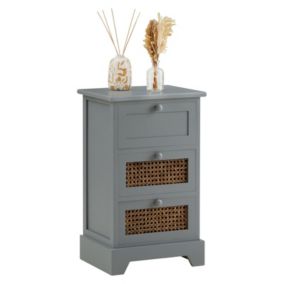 Chiffonnier ROSHNI 3 tiroirs, petit meuble de rangement design vintage élégant, commode en bois lasuré gris et rotin