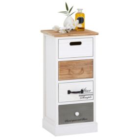 Chiffonnier SALVA étagère de rangement avec 4 tiroirs en bois de paulownia style shabby chic vintage rustique blanc brun gris