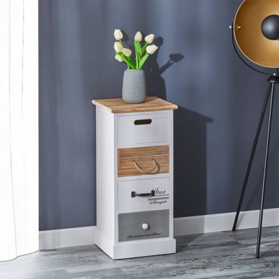 Chiffonnier SALVA étagère de rangement avec 4 tiroirs en bois de paulownia style shabby chic vintage rustique blanc brun gris