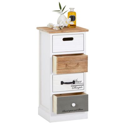 Chiffonnier SALVA étagère de rangement avec 4 tiroirs en bois de paulownia style shabby chic vintage rustique blanc brun gris