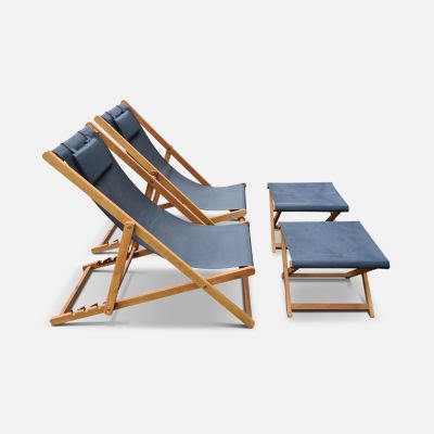 Chiliennes bois - Creus - 2 transats en bois d'Eucalyptus huilé avec coussin repose-tête gris et repose-pieds