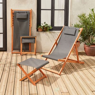 Chiliennes bois - Creus - 2 transats en bois d'Eucalyptus huilé avec coussin repose-tête gris et repose-pieds