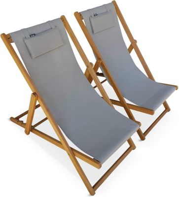 Chiliennes Bois - Creus - 2 transats en Bois d'Eucalyptus huilé avec Coussin Repose-tête Gris Taupe