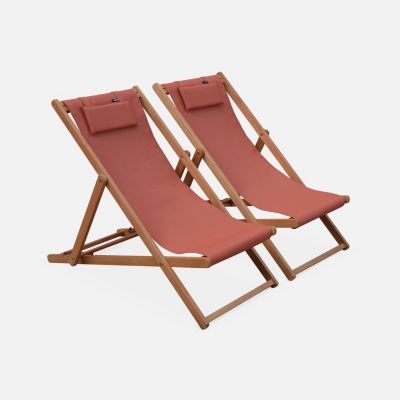Chiliennes bois - Creus - 2 transats en bois d'Eucalyptus huilé avec coussin repose-tête terra cotta
