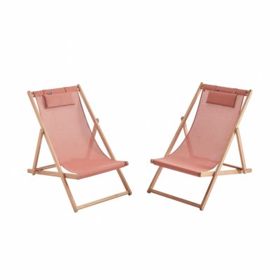 Chiliennes bois - Creus - 2 transats en bois d'Eucalyptus huilé avec coussin repose-tête terra cotta
