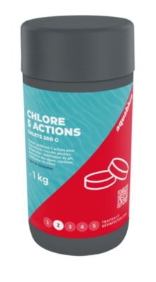 Chlore 5 actions pour piscine galets 200g Aquablue 1kg