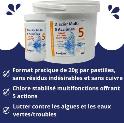 Chlore Multi Actions Piscine, 5 Actions Pastilles 20g : Désinfectant, Algicide, Stabilisant, Clarifiant, Floculant 1kg
