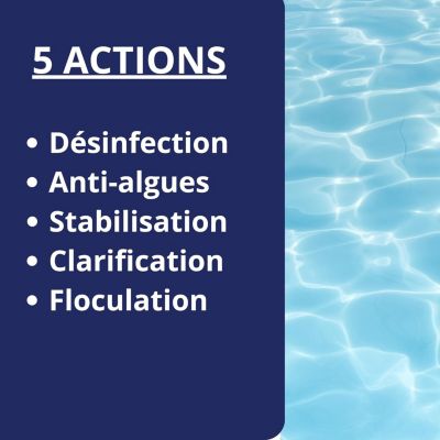 Chlore Multi Actions Piscine, 5 Actions Pastilles 20g : Désinfectant, Algicide, Stabilisant, Clarifiant, Floculant 1kg
