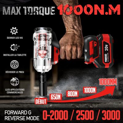 Clé à Chocs Sans Fil Brushless, Couple Maximal 1000N. m, 1-2avec Deux Batteries 4,0 Ah,Rotation Enclume 180 - Pivot Tête 90