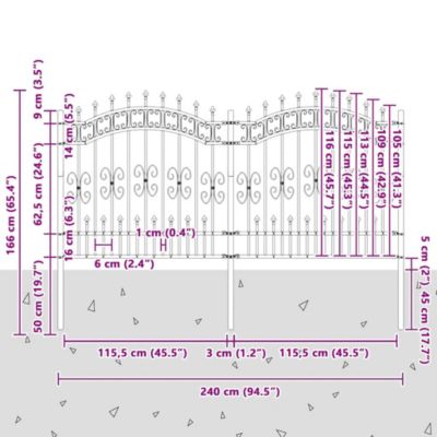 Clôture de jardin KAMPEN avec pointe en forme de lance, acier noir 240 x 125 cm vidaXL