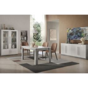 CLARK - Ensemble Séjour Complet Blanc et Marbre Table 160cm + Buffet + Vitrine avec Leds