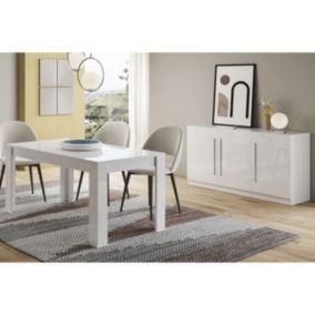 CLARK - Ensemble Séjour Laqué Blanc Table 190cm + Buffet 3 Portes