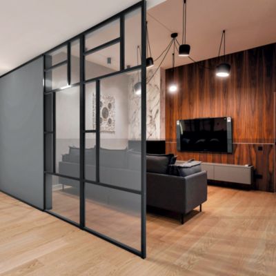 Claustra avec vitrage et structure en MDF noir mat style industriel 244,5 x 89,4 x 4 cm