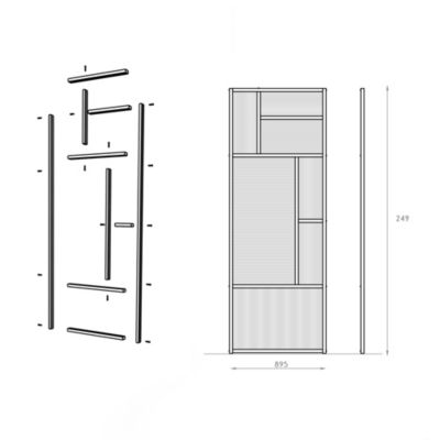 Claustra avec vitrage et structure en MDF noir mat style industriel 244,5 x 89,4 x 4 cm