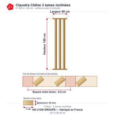 Claustra bois intérieur Chêne Incliné - L 50 x H 180 cm - 3 lames ...