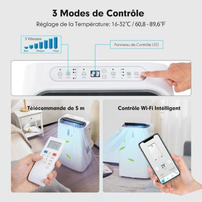 Climatiseur Mobile 16000BTU 35m2 5 en 1 Fonction de Chauffage Refroidissement Minuterie 24H  Contrôle Télécommande Ecran APP