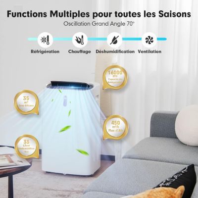 Climatiseur Mobile 16000BTU 35m2 5 en 1 Fonction de Chauffage Refroidissement Minuterie 24H  Contrôle Télécommande Ecran APP