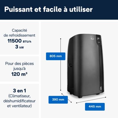 Climatiseur mobile avec évacuation Delonghi PAC EX120 Silent noir 3000W 65dB(A)