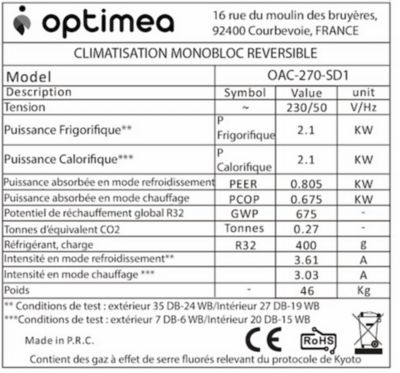 Climatiseur monobloc Optiméa OAC-270SD1 2100W