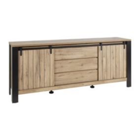 CLODIUS - Buffet 2 Portes Coulissantes 3 Tiroirs Métal et Aspect Bois Finition Scarlet