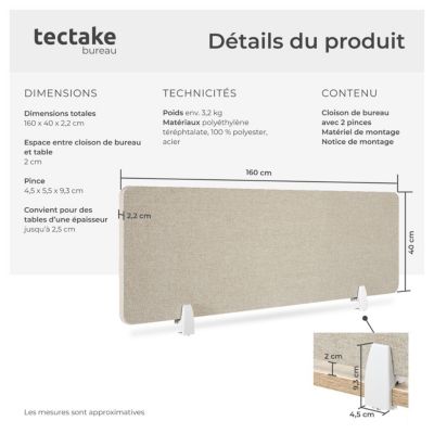 Cloison de bureau avec revêtement en tissu polyester  beige