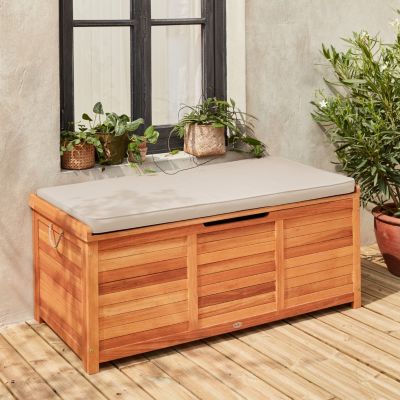 Coffre de jardin 200L en bois - Caja beige - 125x60cm rangement coussins avec 2 vérins et poignées