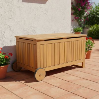 Coffre de jardin bois d'acacia avec roulettes couleur teck 119L - Kivo