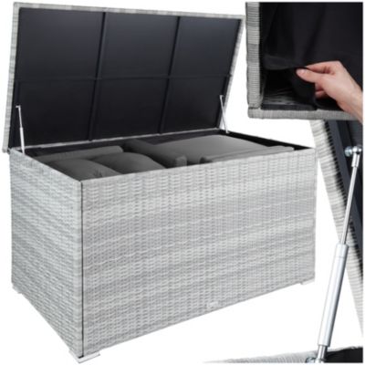 Coffre de jardin caisse de rangement pour coussins 750 l, avec cadre en aluminium et tressage en rotin gris clair