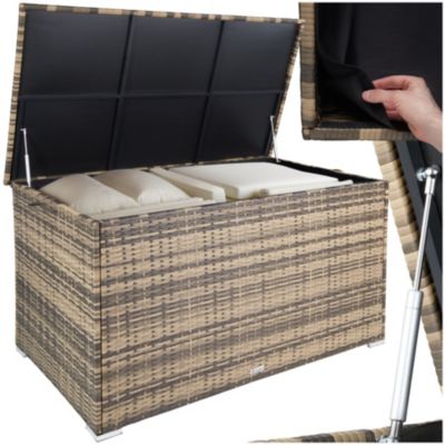 Coffre de jardin caisse de rangement pour coussins 750 l, avec cadre en aluminium et tressage en rotin poignées marron