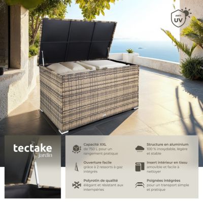 Coffre de jardin caisse de rangement pour coussins 750 l, avec cadre en aluminium et tressage en rotin poignées marron