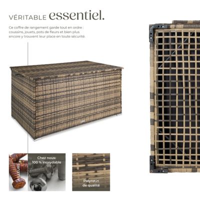 Coffre de jardin caisse de rangement pour coussins 750 l, avec cadre en aluminium et tressage en rotin poignées marron