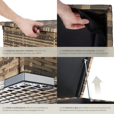 Coffre de jardin caisse de rangement pour coussins 750 l, avec cadre en aluminium et tressage en rotin poignées marron