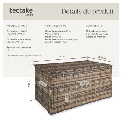Coffre de jardin caisse de rangement pour coussins 750 l, avec cadre en aluminium et tressage en rotin poignées marron