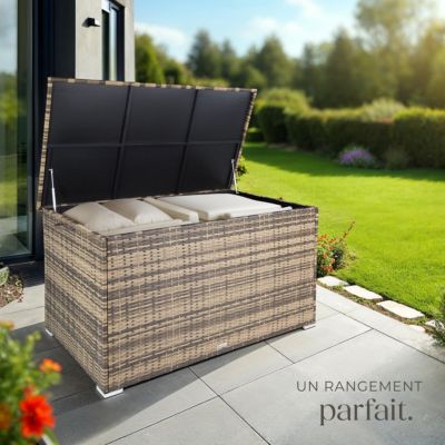 Coffre de jardin caisse de rangement pour coussins 750 l, avec cadre en aluminium et tressage en rotin poignées marron