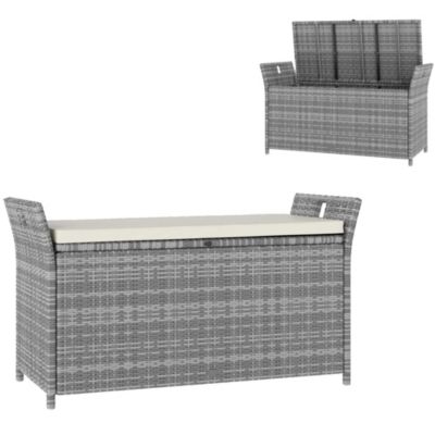 Coffre de jardin en résine tressée avec poignées et coussin déhoussable dim. 125 x 55 x 70 cm gris
