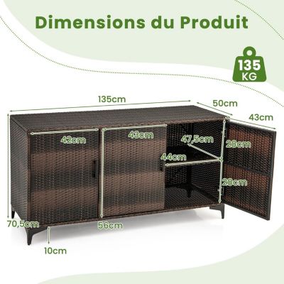 Coffre de Jardin Extérieur en Rotin 318 L 3 Portes Placard Boite de Rangement Extérieur Intérieur en Osier PE Marron