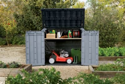 Coffre de jardin résine 1200 L, l.145,5 x H.125 x P.82 cm, effet bois noir et gris, KETER Sio Max