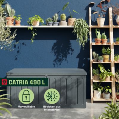 Coffre de jardin résine 490 L, l.146,4 x H.64,4 x P.61 cm, gris granit, Klikstrom Catria