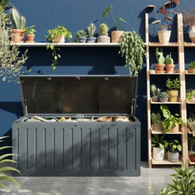 Coffre de jardin résine 490 L, l.146,4 x H.64,4 x P.61 cm, gris granit, Klikstrom Catria