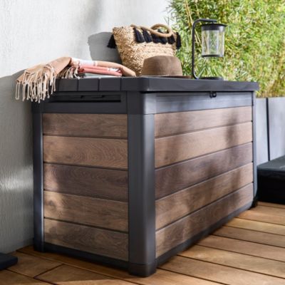 Coffre de jardin résine effet bois noyer 380 L, l.122,9 x H.70,9 x P.62,1 cm, Keter Walnut Signature