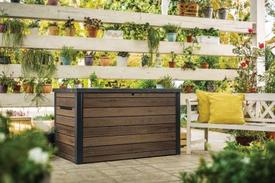 Coffre de jardin résine effet bois noyer 870 L, l.147 x H.86 x P.83 cm, Keter Ontario Walnut