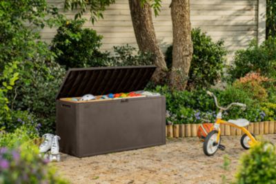 Coffre de jardin résine effet rotin tressé 270 L, l.118 x H.57 x P.45 cm, marron, Keter Emily