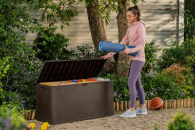 Coffre de jardin résine effet rotin tressé 270 L, l.118 x H.57 x P.45 cm, marron, Keter Emily